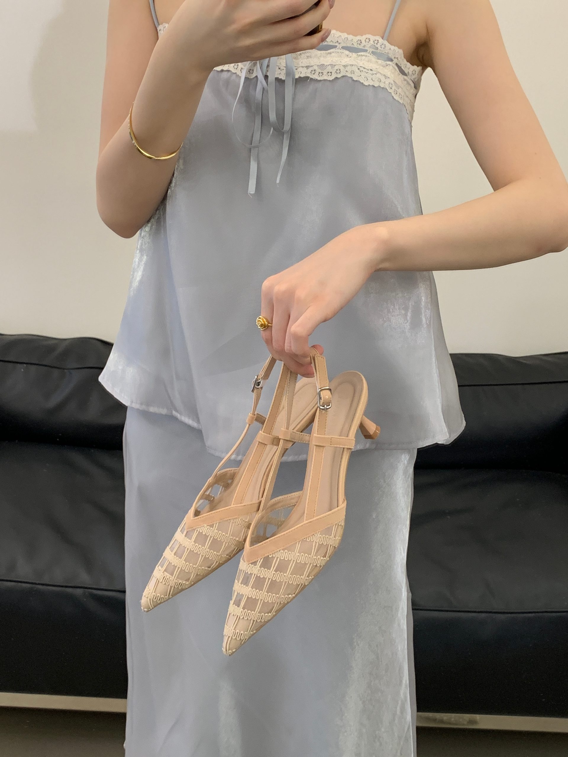 JIAMANNI Women's Woven Hollow Pointed Toe Sandals Summer Back Strap Mid Heel French Elegant - Image 4