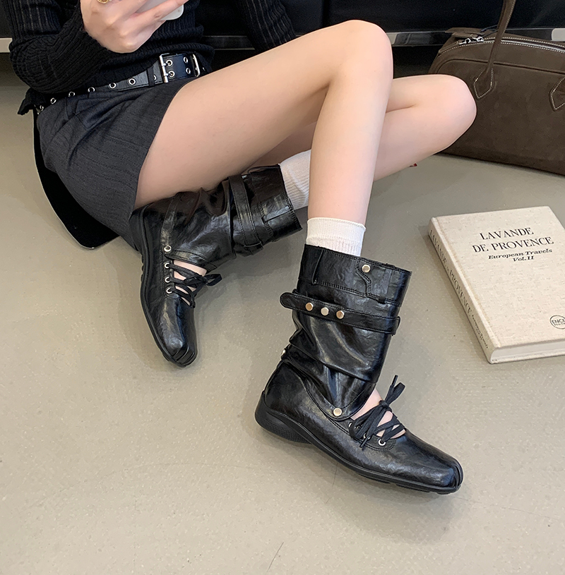 2026 New Korean Style Square Toe Lace-Up Stacked Boots Detachable Two-Way Fashion Women's Short Boots - Image 4
