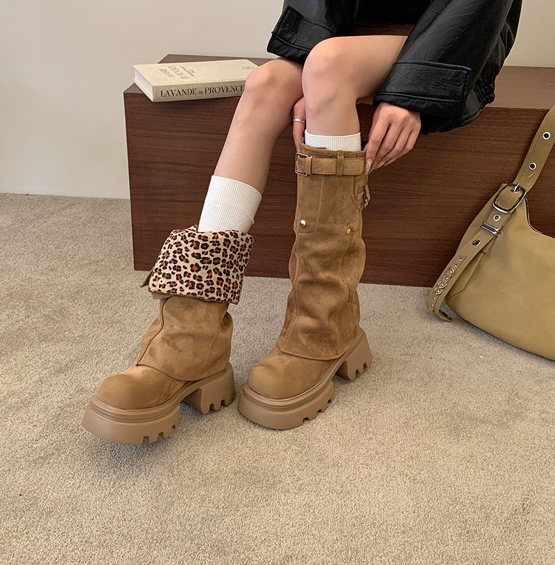 2026 New Winter Autumn Women's Hidden Wedge 12CM Leopard Print Tall Boots Convertible Foldable Shaft - Image 4
