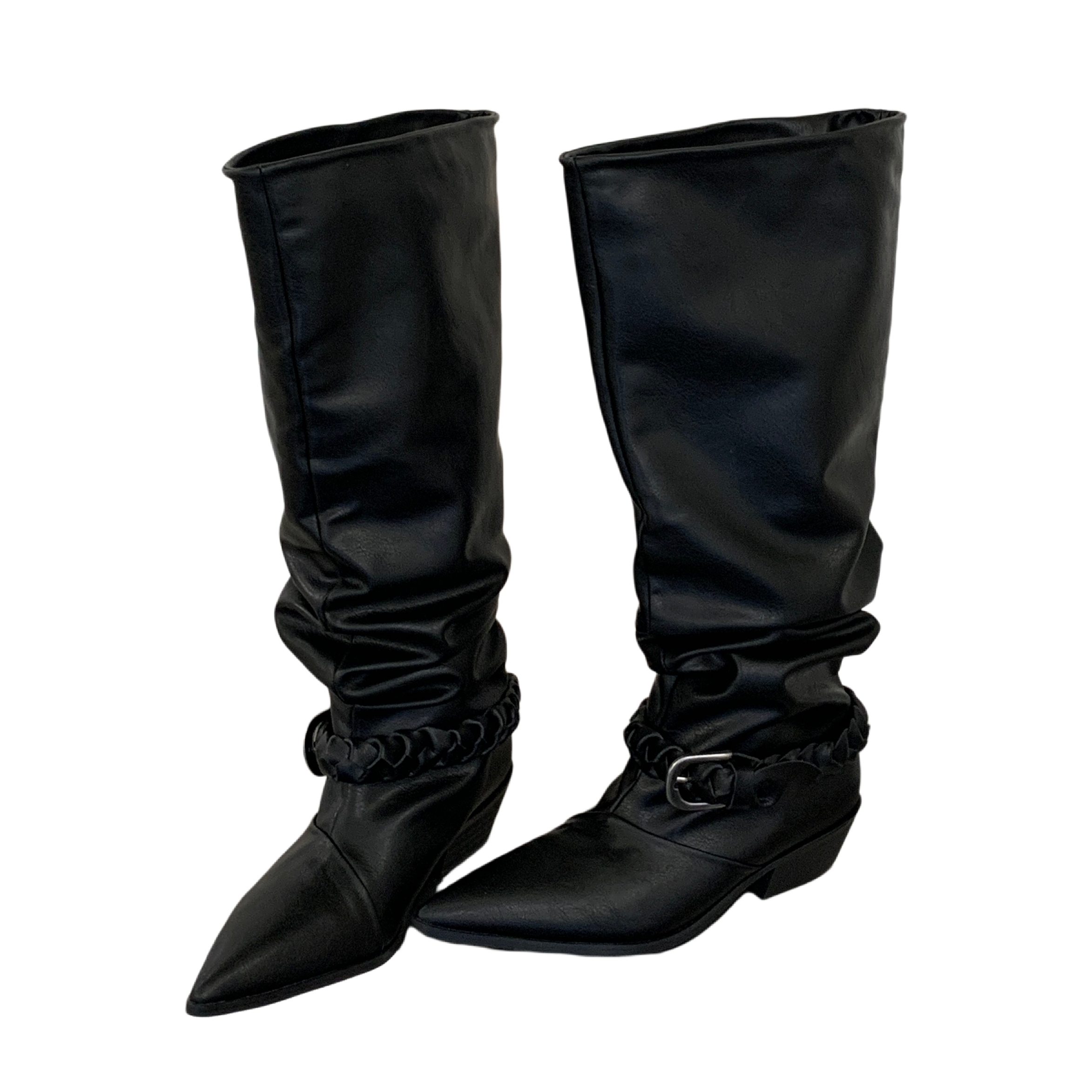 2026 Autumn Winter New European American Style Pointed Toe Folded Stack Boots Belt Buckle Chunky Heel High Top Riding Boots - Image 5