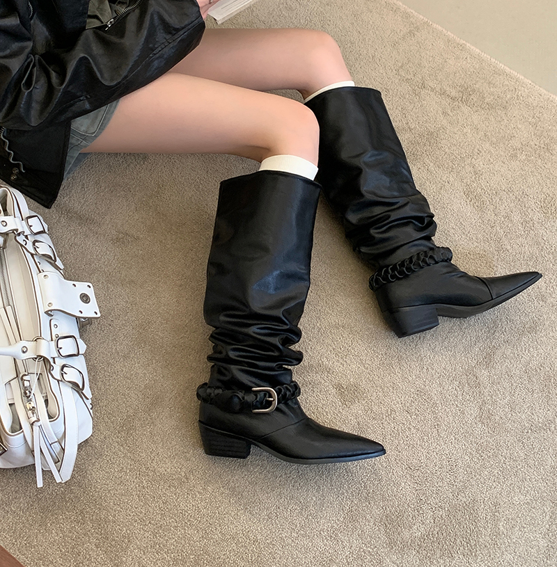 2026 Autumn Winter New European American Style Pointed Toe Folded Stack Boots Belt Buckle Chunky Heel High Top Riding Boots - Image 4