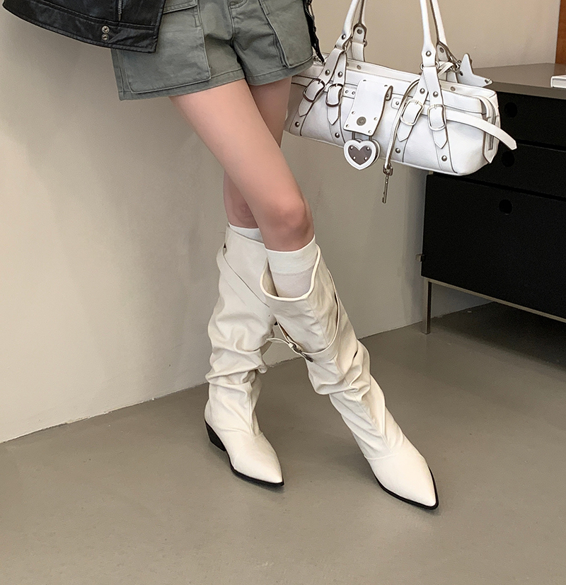2026 Autumn Winter New Pointed Toe Buckle High Shaft Riding Boots Chunky Heel Pleated Long Boots - Image 3